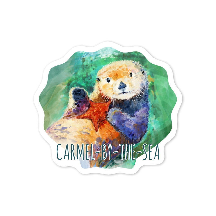 Carmel-by-the-Sea, California, Sea Otter, Watercolor, Contour, Vinyl Sticker - Lantern Press