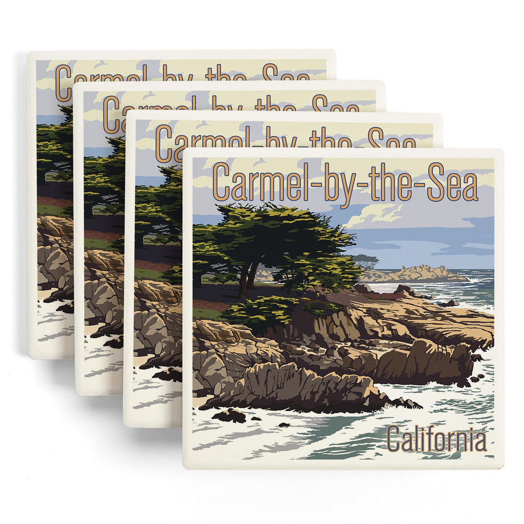 Carmel-by-the-Sea, California, View of Cypress Trees, Lantern Press Artwork, Coaster Set - Lantern Press