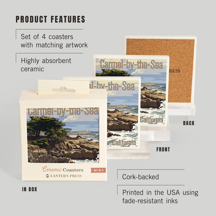 Carmel-by-the-Sea, California, View of Cypress Trees, Lantern Press Artwork, Coaster Set - Lantern Press