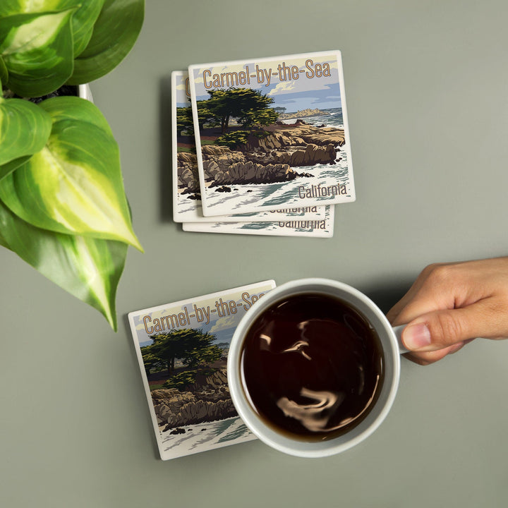 Carmel-by-the-Sea, California, View of Cypress Trees, Lantern Press Artwork, Coaster Set - Lantern Press