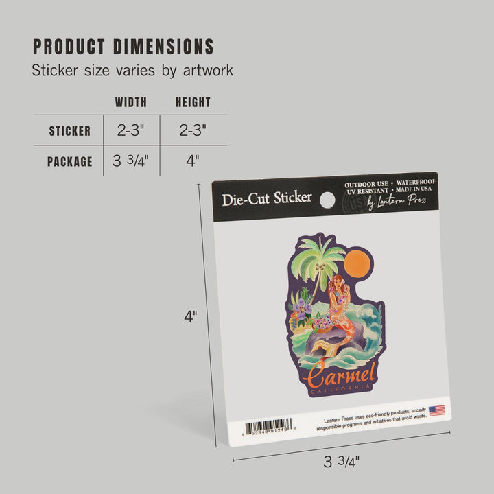 Carmel, California, Tropical Mermaid, Contour, Lantern Press Artwork, Vinyl Sticker - Lantern Press