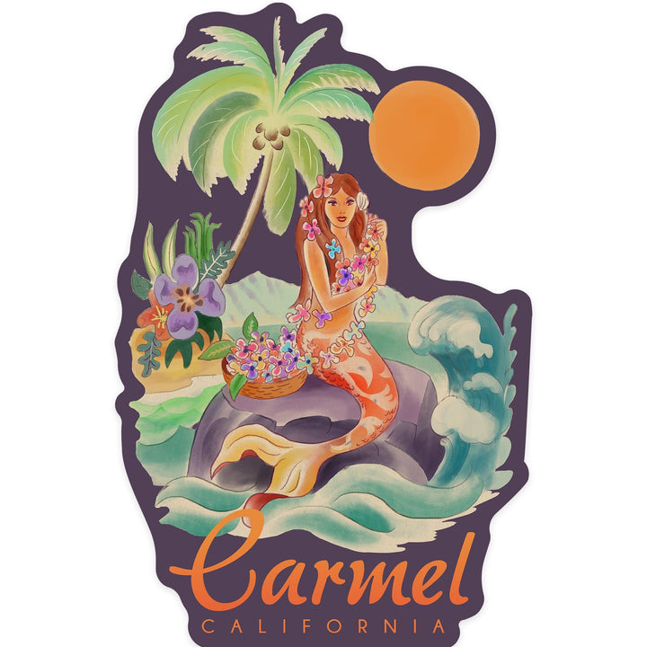 Carmel, California, Tropical Mermaid, Contour, Lantern Press Artwork, Vinyl Sticker - Lantern Press