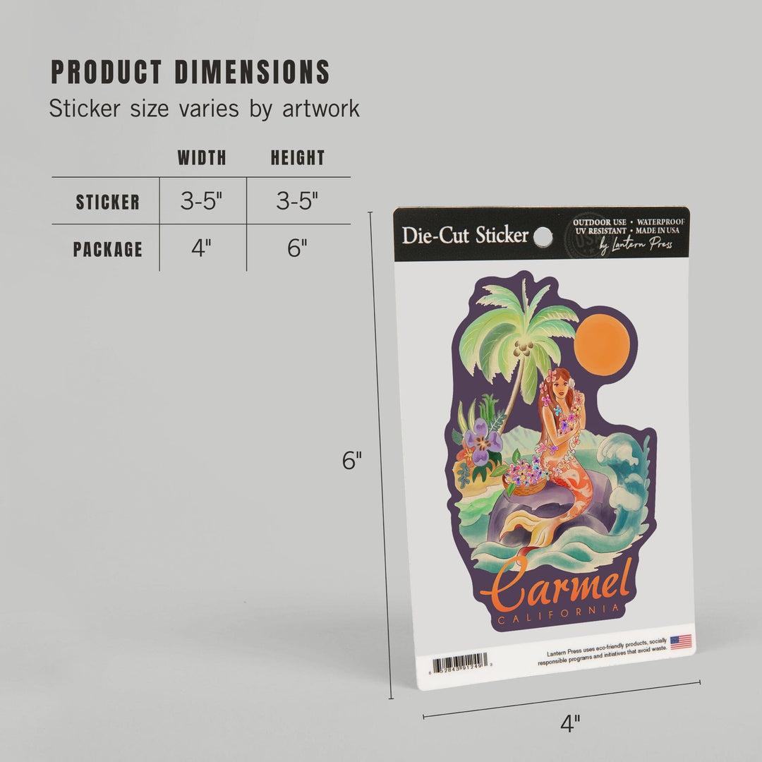 Carmel, California, Tropical Mermaid, Contour, Lantern Press Artwork, Vinyl Sticker - Lantern Press