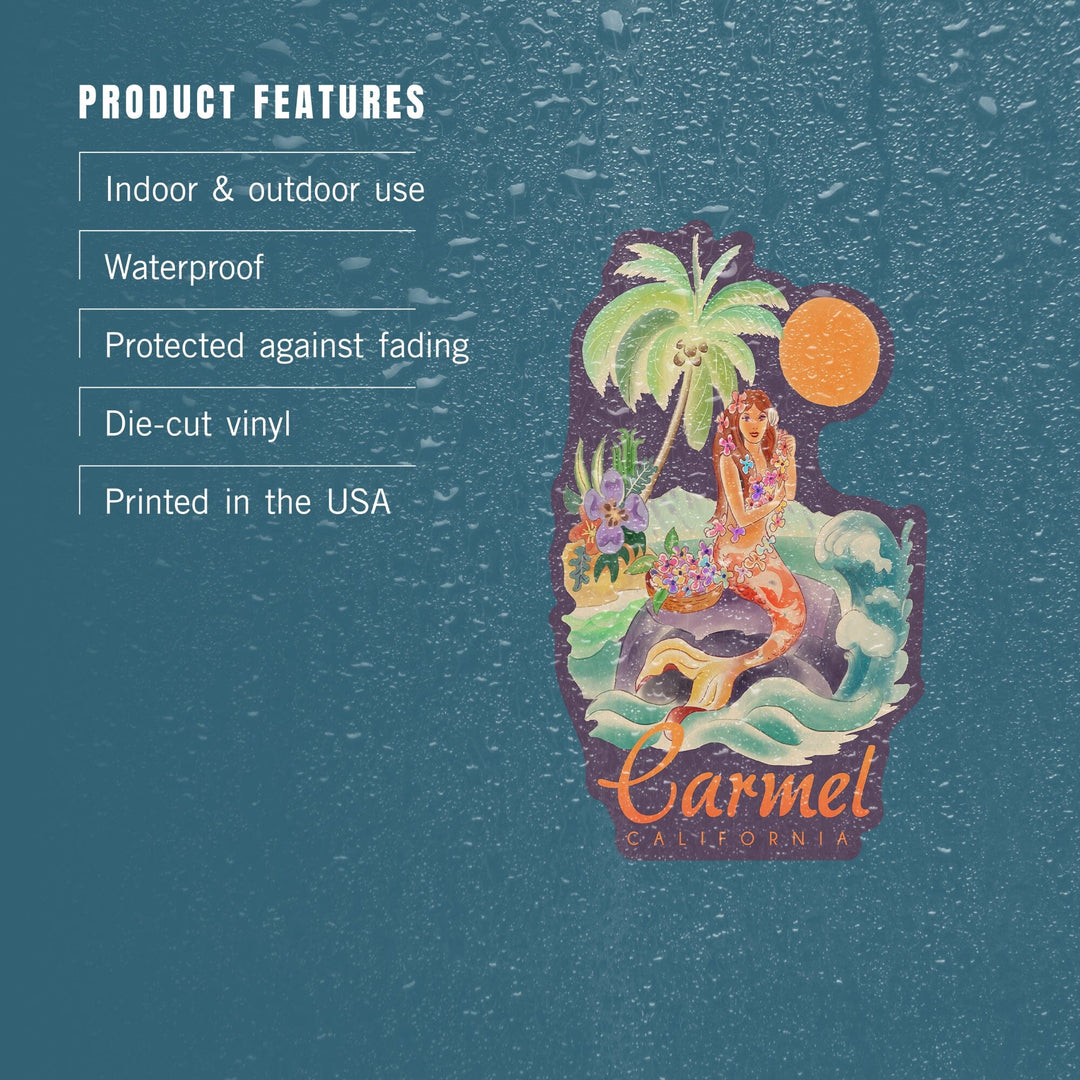 Carmel, California, Tropical Mermaid, Contour, Lantern Press Artwork, Vinyl Sticker - Lantern Press