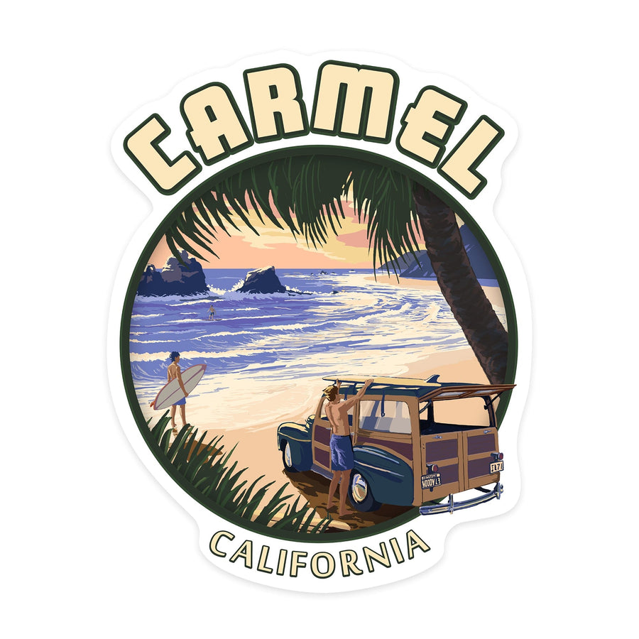 Carmel, California, Woody on Beach, Contour, Lantern Press Artwork, Vinyl Sticker Sticker Lantern Press 