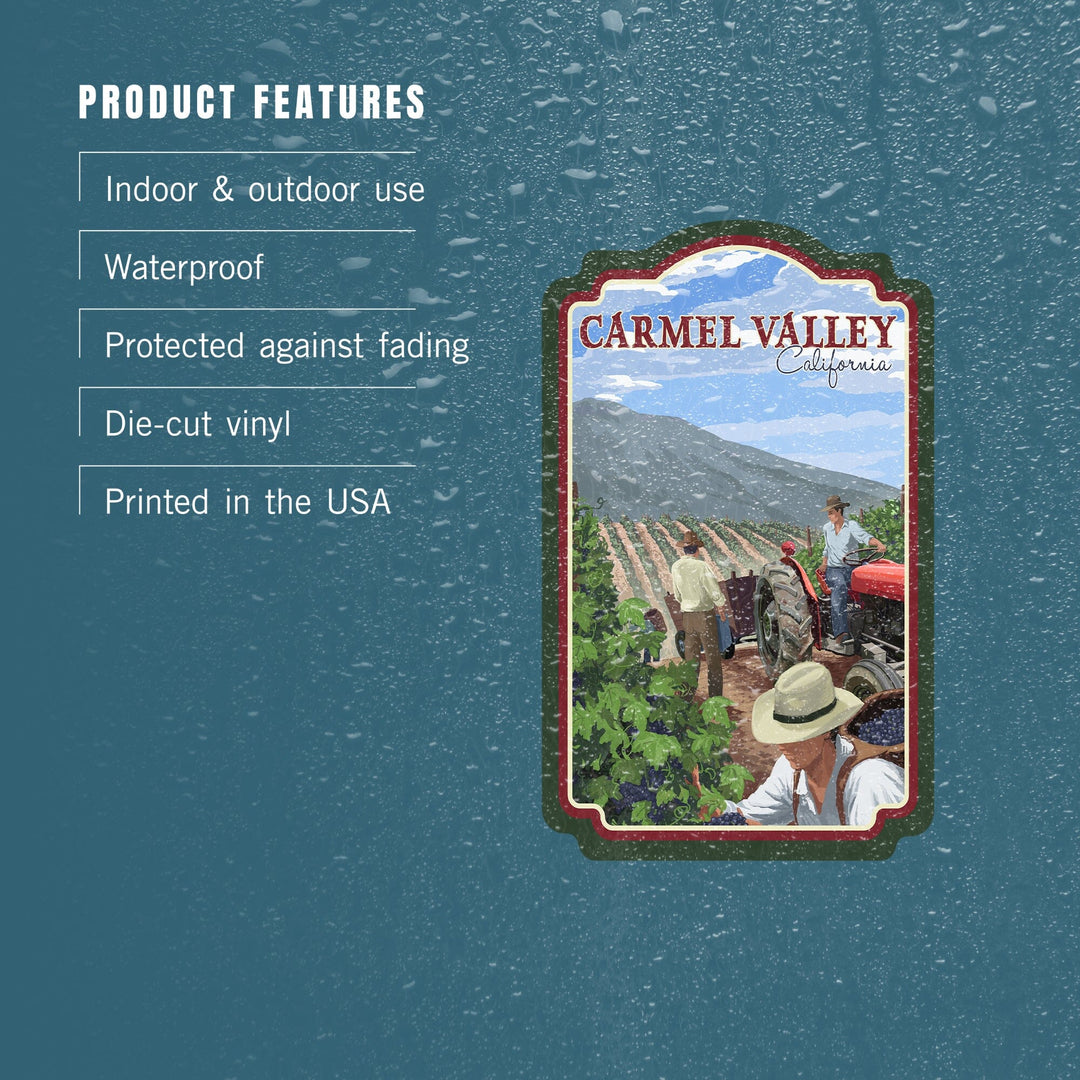 Carmel Valley, California, Wine Grape Harvest, Contour, Vinyl Sticker - Lantern Press