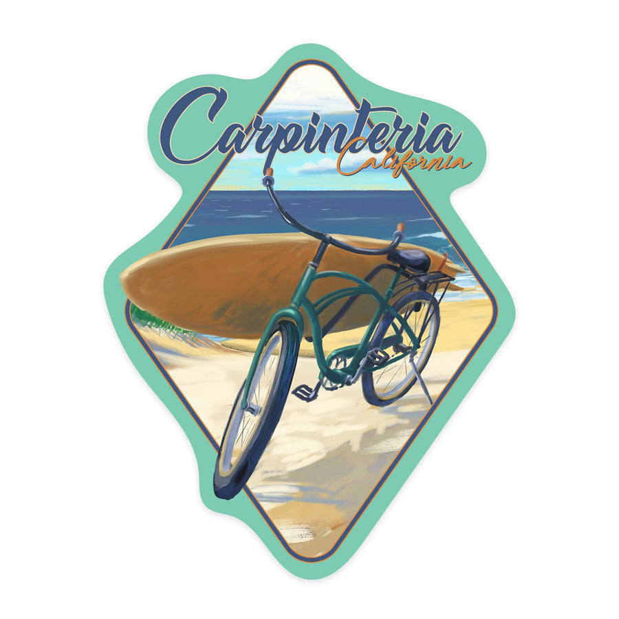 Carpinteria, California, Beach Cruiser and Surfboard, Contour, Vinyl Sticker Sticker Lantern Press 