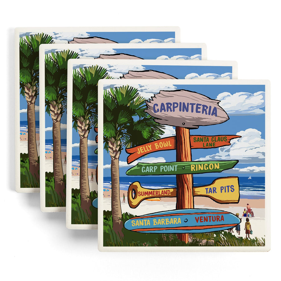 Carpinteria, California, Destination Signpost, Lantern Press Artwork, Coaster Set - Lantern Press