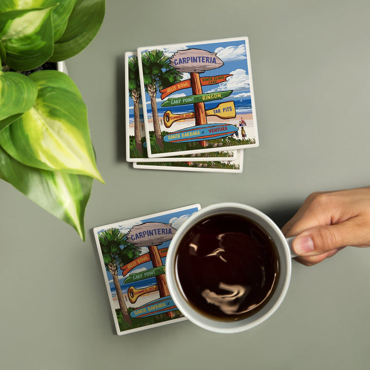 Carpinteria, California, Destination Signpost, Lantern Press Artwork, Coaster Set - Lantern Press