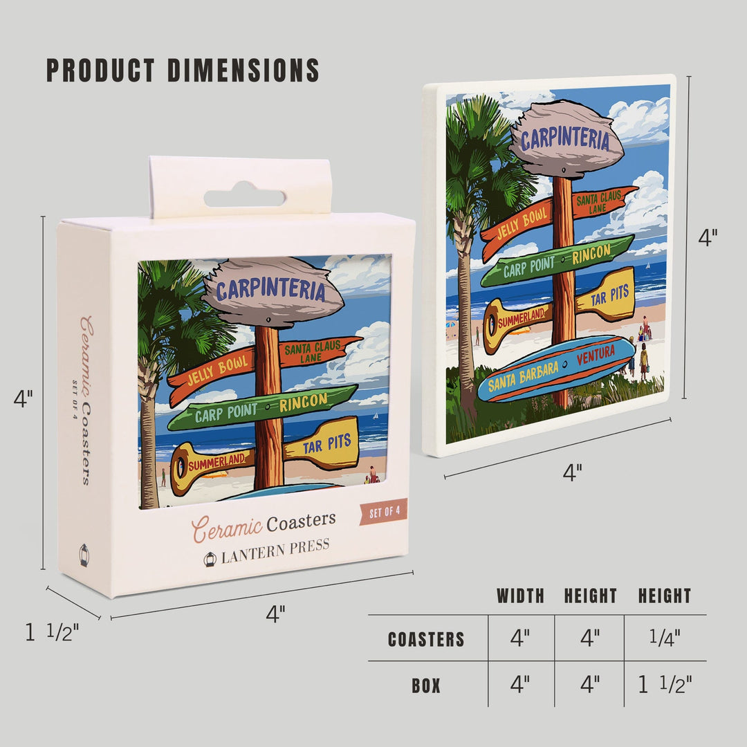 Carpinteria, California, Destination Signpost, Lantern Press Artwork, Coaster Set - Lantern Press