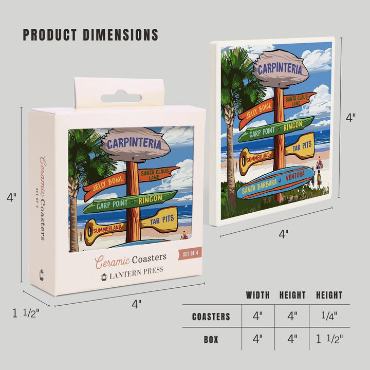 Carpinteria, California, Destination Signpost, Lantern Press Artwork, Coaster Set - Lantern Press