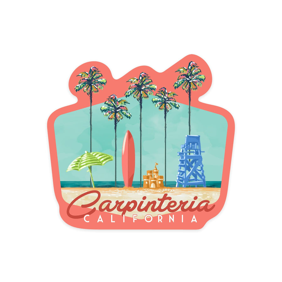 Carpinteria, California, Tall Palms Beach Scene, Blue Lifeguard Chair, Contour, Vinyl Sticker Sticker Lantern Press 