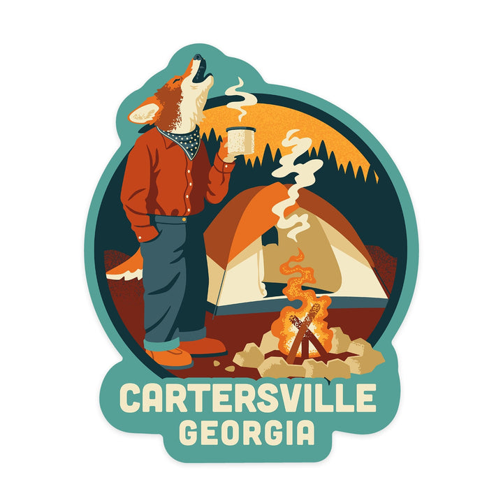 Cartersville, Georgia, Camping Coyote, Contour, Vinyl Sticker - Lantern Press