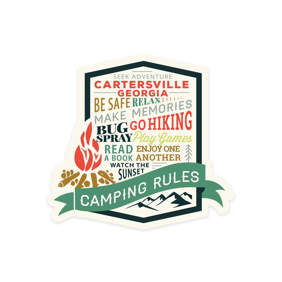 Cartersville, Georgia, Camping Rules, Contour, Vinyl Sticker Sticker Lantern Press 