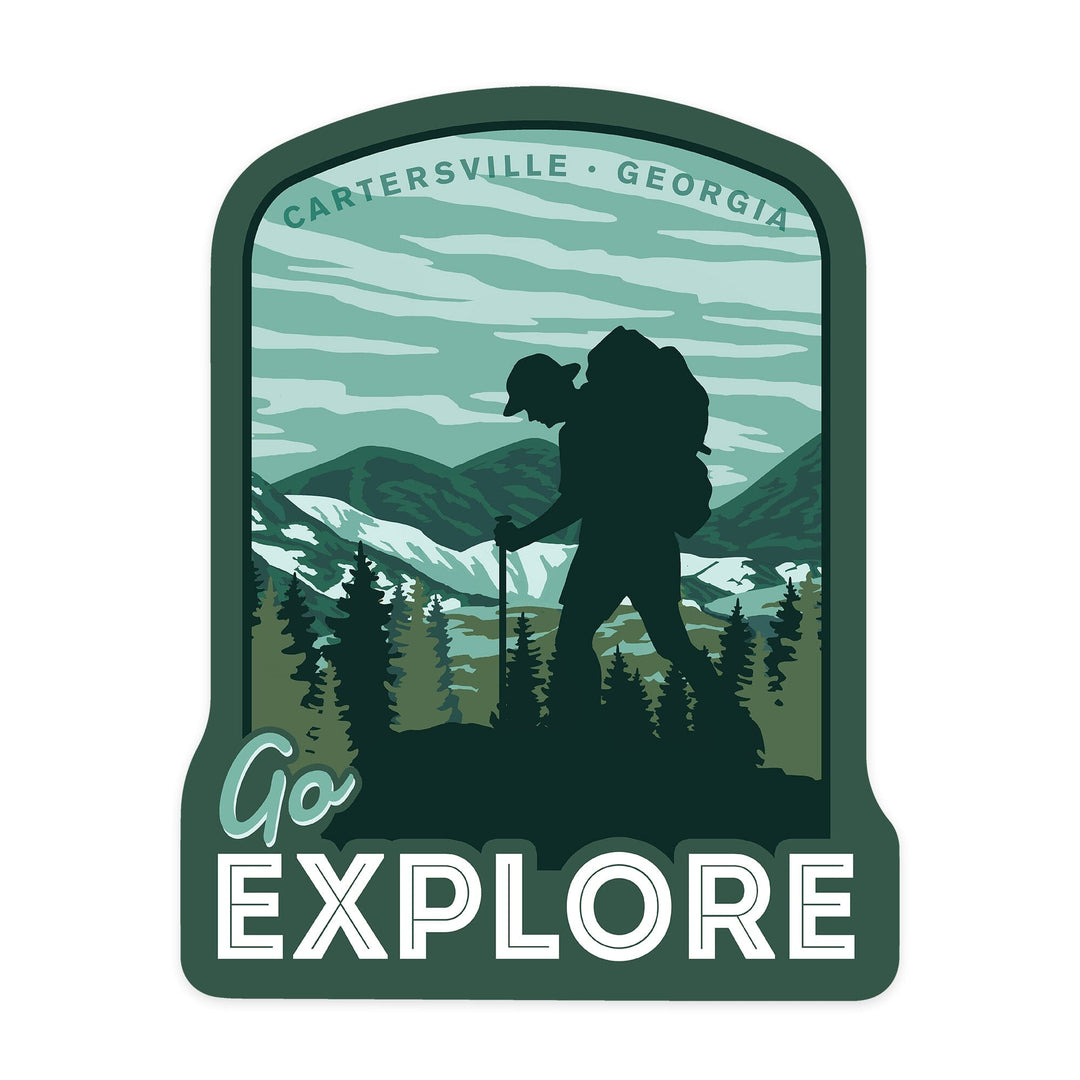 Cartersville, Georgia, Go Explore, Hiker, Contour, Vinyl Sticker Sticker Lantern Press 