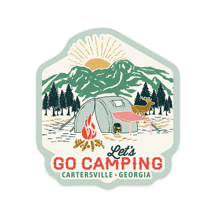 Cartersville, Georgia, Let's go camping, Tent, Contour, Vinyl Sticker Sticker Lantern Press 