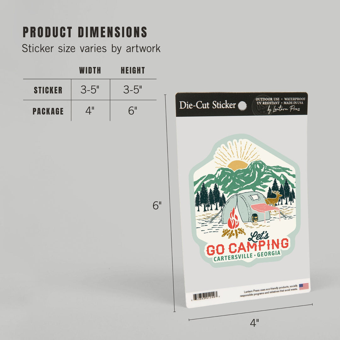 Cartersville, Georgia, Let's go camping, Tent, Contour, Vinyl Sticker Sticker Lantern Press 