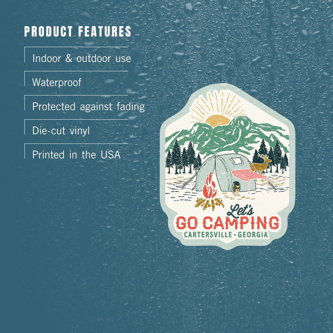 Cartersville, Georgia, Let's go camping, Tent, Contour, Vinyl Sticker Sticker Lantern Press 