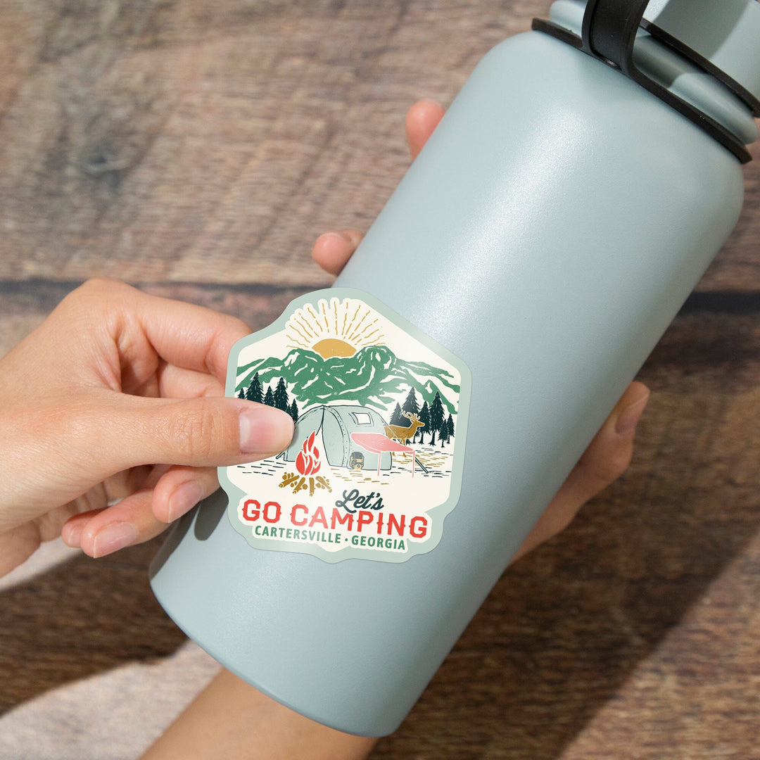 Cartersville, Georgia, Let's go camping, Tent, Contour, Vinyl Sticker Sticker Lantern Press 