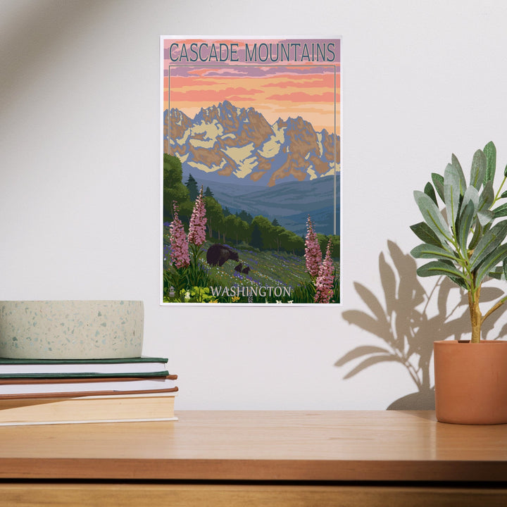 Cascade Mountains, Washington, Bears and Spring Flowers, Art & Giclee Prints Art Lantern Press 
