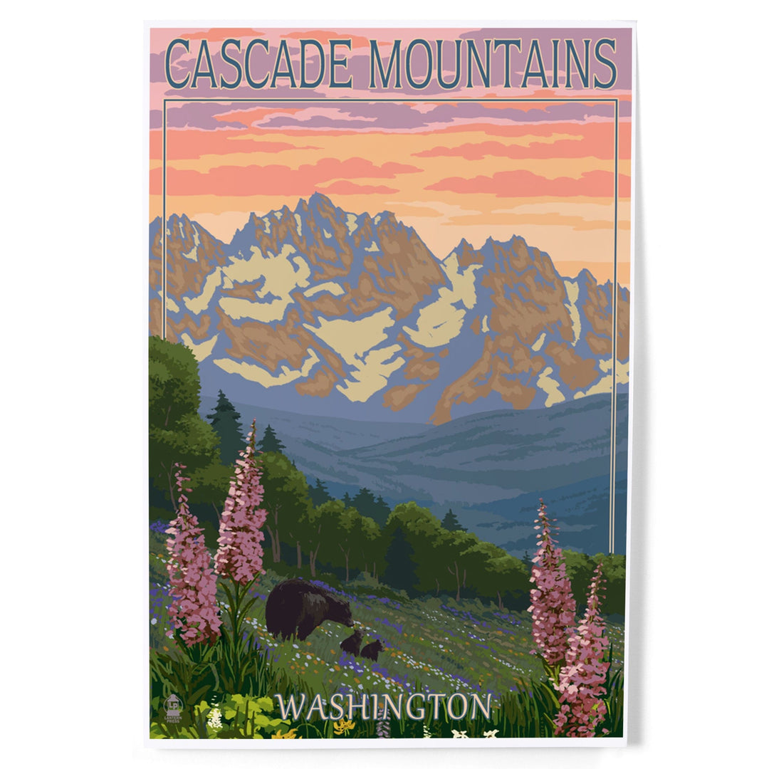 Cascade Mountains, Washington, Bears and Spring Flowers, Art & Giclee Prints Art Lantern Press 