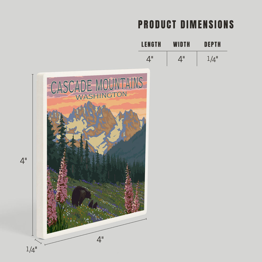 Cascade Mountains, Washington, Bears and Spring Flowers, Coasters Coasters Lantern Press 