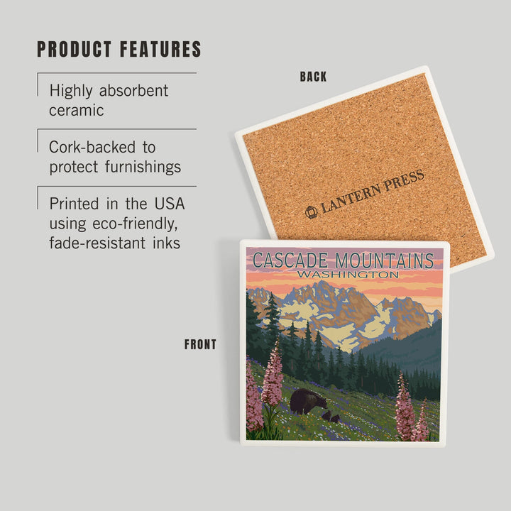 Cascade Mountains, Washington, Bears and Spring Flowers, Coasters Coasters Lantern Press 