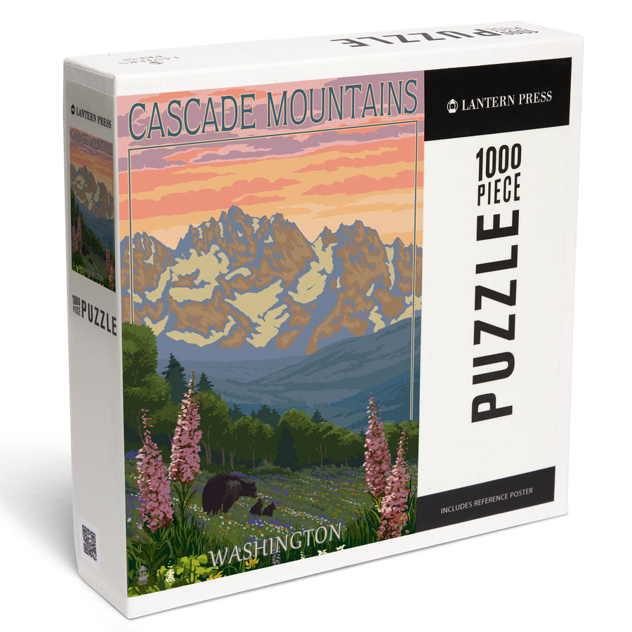 Cascade Mountains, Washington, Bears and Spring Flowers, Jigsaw Puzzle Puzzle Lantern Press 