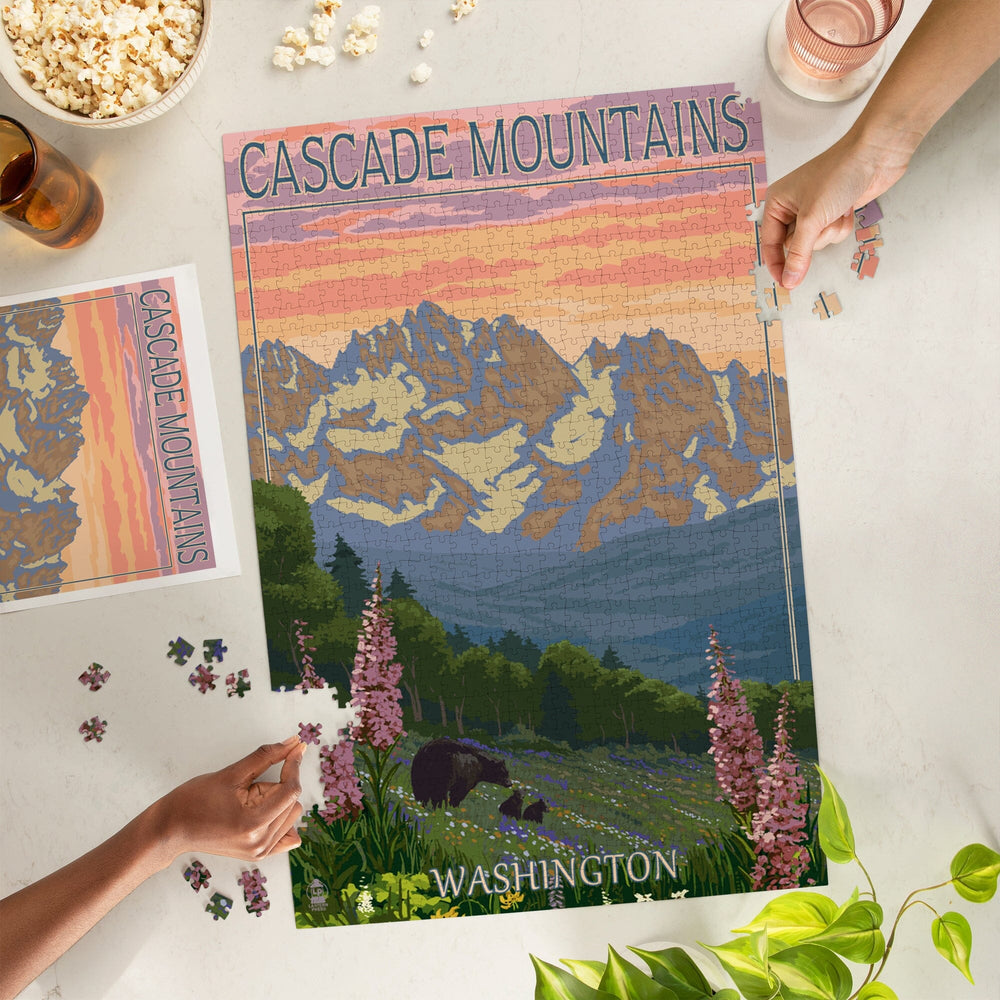 Cascade Mountains, Washington, Bears and Spring Flowers, Jigsaw Puzzle Puzzle Lantern Press 