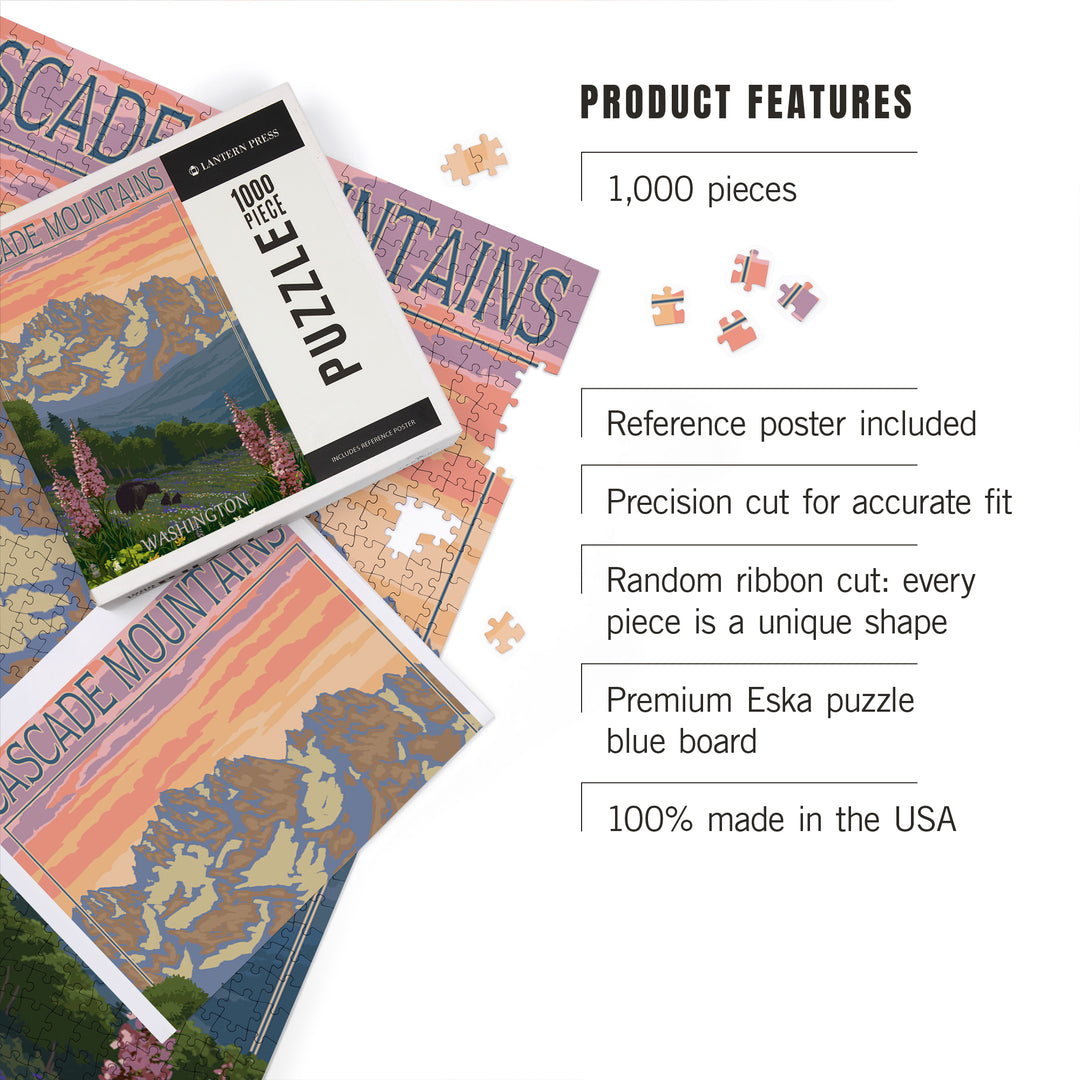 Cascade Mountains, Washington, Bears and Spring Flowers, Jigsaw Puzzle Puzzle Lantern Press 