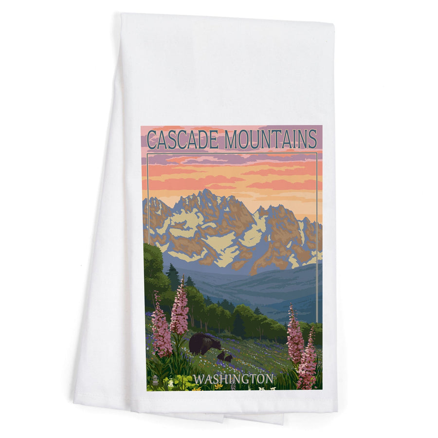 Cascade Mountains, Washington, Bears and Spring Flowers, Organic Cotton Kitchen Tea Towels Kitchen Lantern Press 