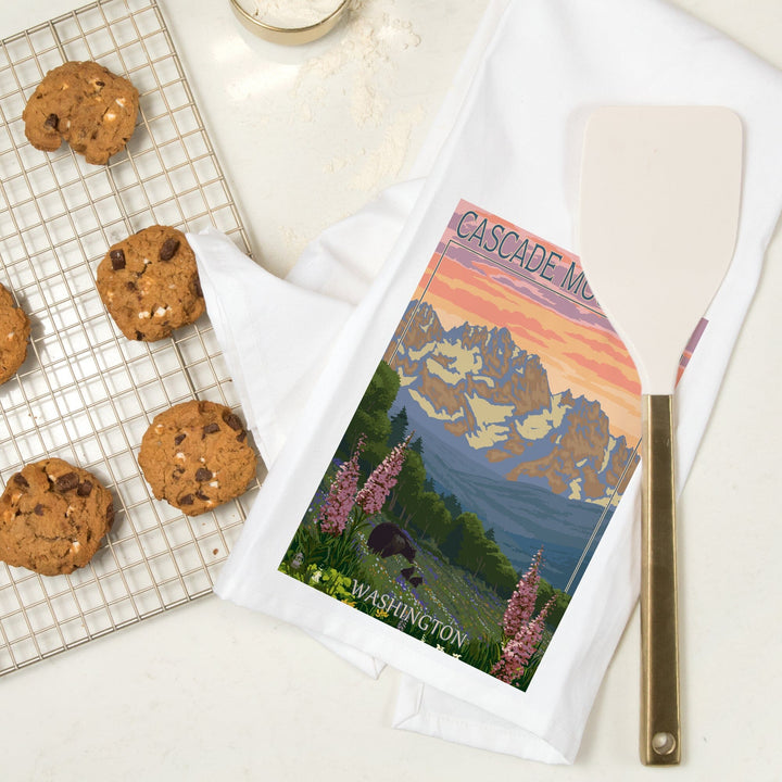 Cascade Mountains, Washington, Bears and Spring Flowers, Organic Cotton Kitchen Tea Towels Kitchen Lantern Press 