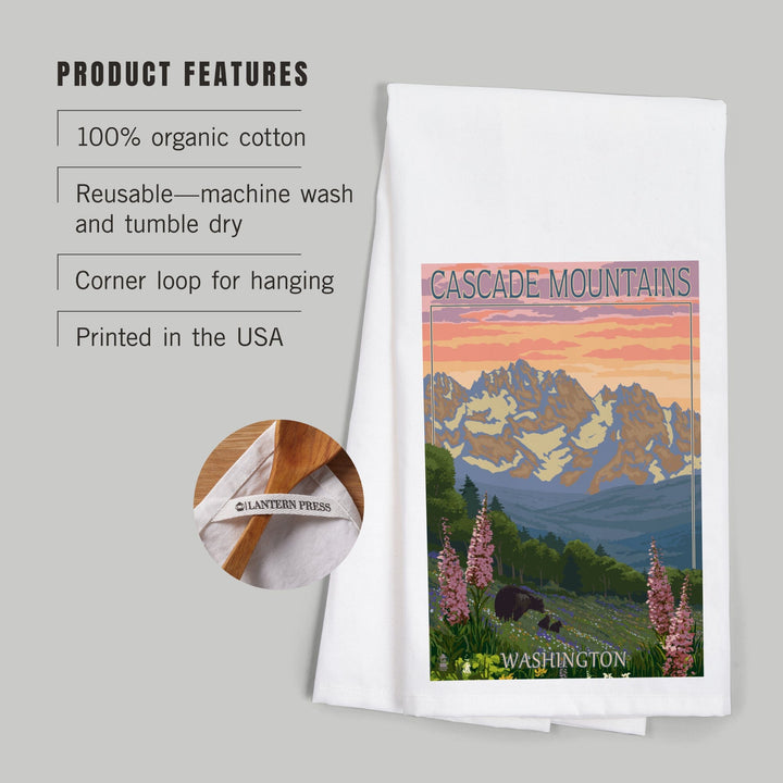 Cascade Mountains, Washington, Bears and Spring Flowers, Organic Cotton Kitchen Tea Towels Kitchen Lantern Press 