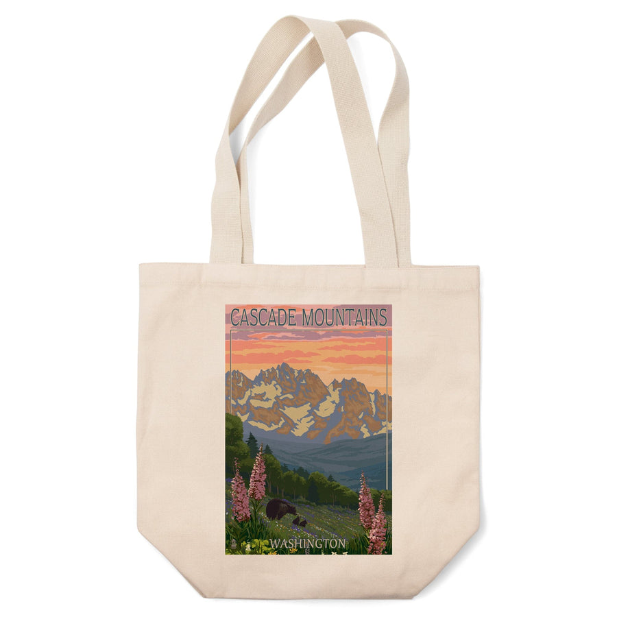 Cascade Mountains, Washington, Bears and Spring Flowers, Tote Bag Totes Lantern Press 