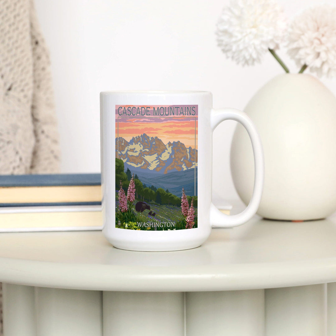 Cascade Mountains, Washington, Bears & Spring Flowers, Lantern Press Artwork, Ceramic Mug Mugs Lantern Press 