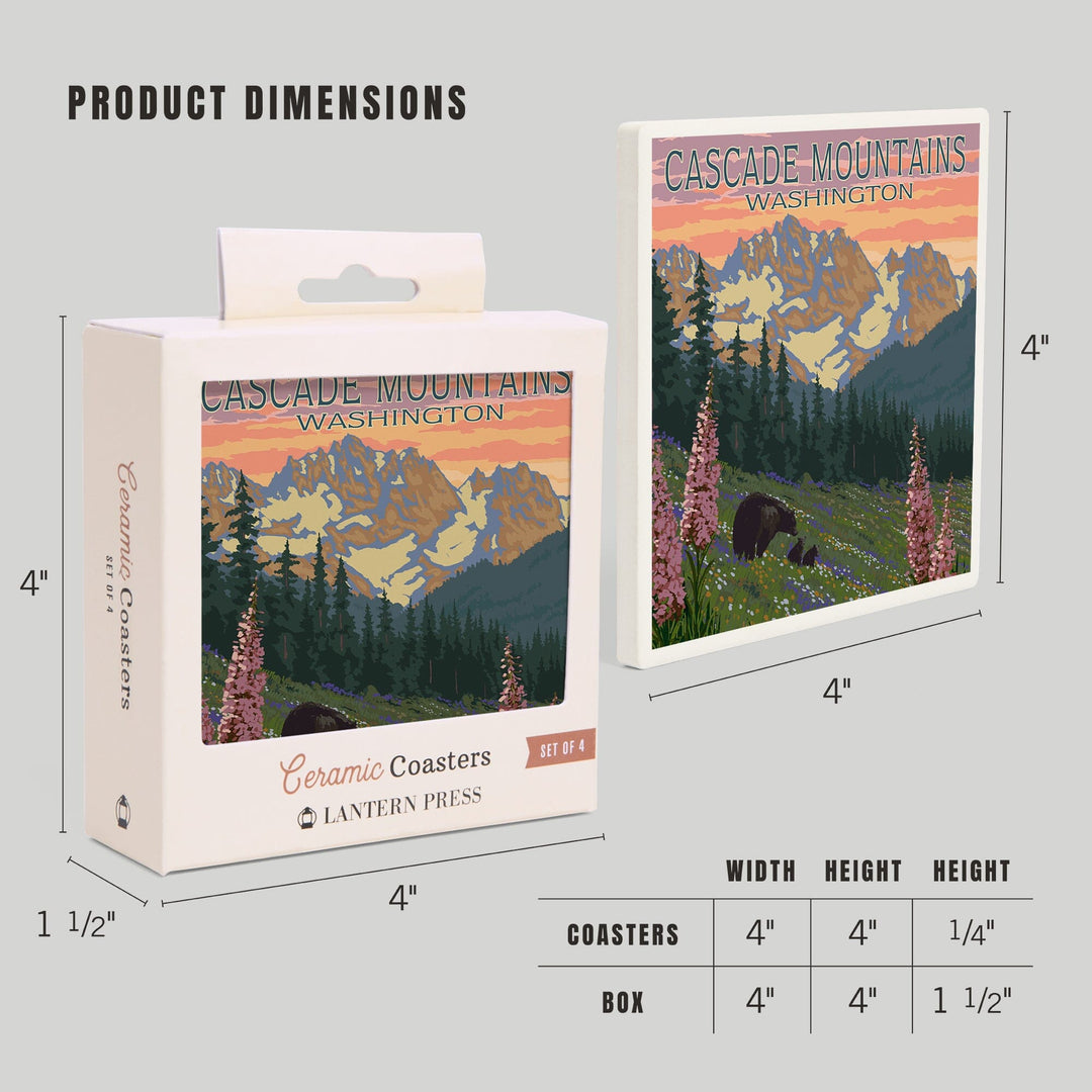 Cascade Mountains, Washington, Bears & Spring Flowers, Lantern Press Artwork, Coaster Set - Lantern Press