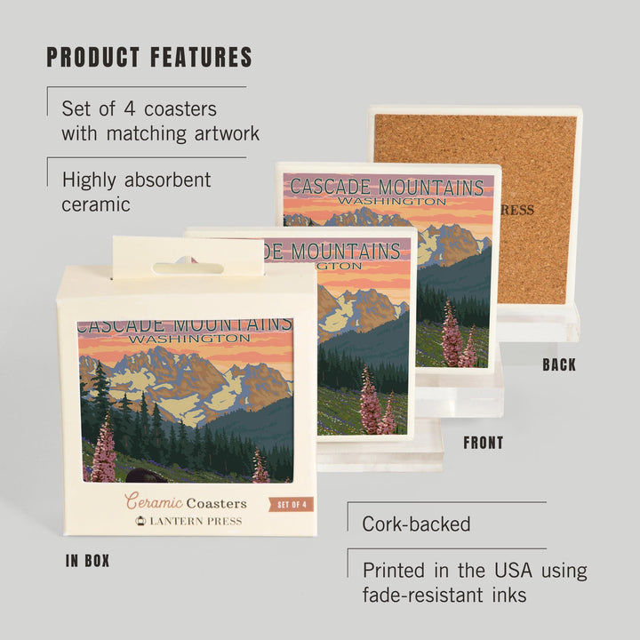 Cascade Mountains, Washington, Bears & Spring Flowers, Lantern Press Artwork, Coaster Set - Lantern Press