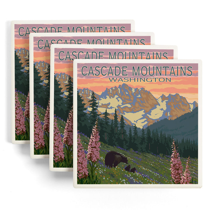 Cascade Mountains, Washington, Bears & Spring Flowers, Lantern Press Artwork, Coaster Set - Lantern Press