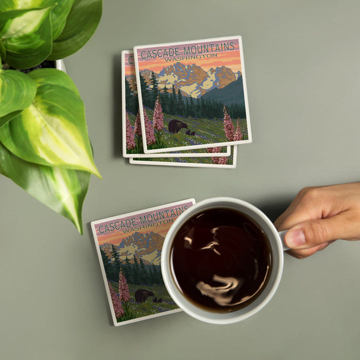 Cascade Mountains, Washington, Bears & Spring Flowers, Lantern Press Artwork, Coaster Set - Lantern Press