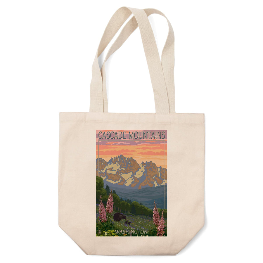 Cascade Mountains, Washington, Bears & Spring Flowers, Lantern Press Artwork, Tote Bag Totes Lantern Press 