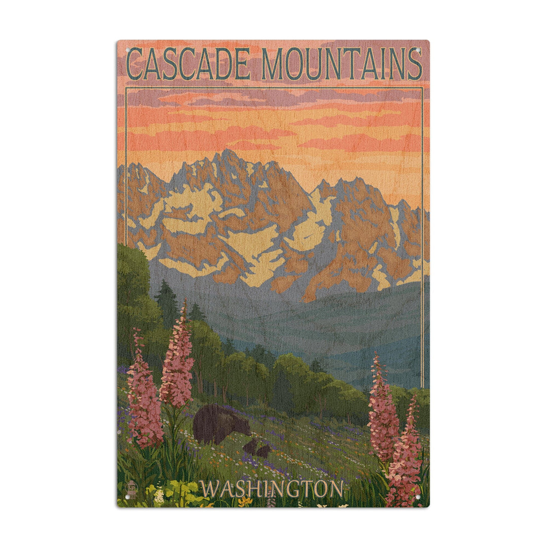 Cascade Mountains, Washington, Bears & Spring Flowers, Lantern Press Artwork, Wood Signs and Postcards Wood Lantern Press 10 x 15 Wood Sign 