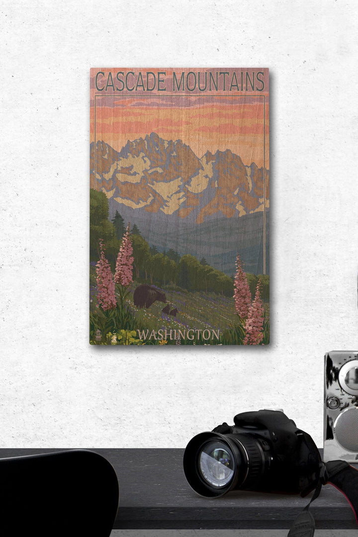 Cascade Mountains, Washington, Bears & Spring Flowers, Lantern Press Artwork, Wood Signs and Postcards Wood Lantern Press 12 x 18 Wood Gallery Print 