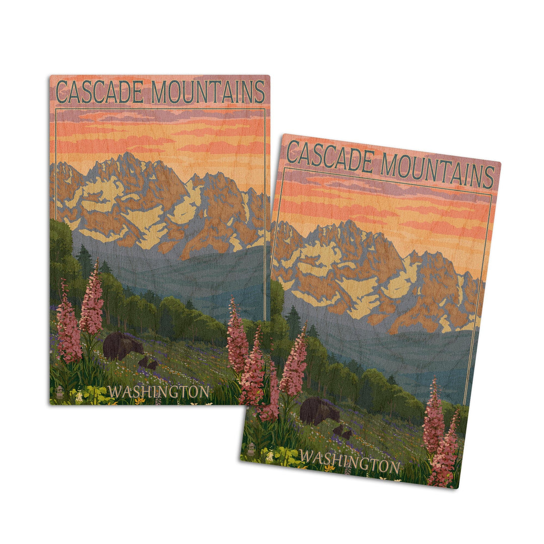 Cascade Mountains, Washington, Bears & Spring Flowers, Lantern Press Artwork, Wood Signs and Postcards Wood Lantern Press 4x6 Wood Postcard Set 