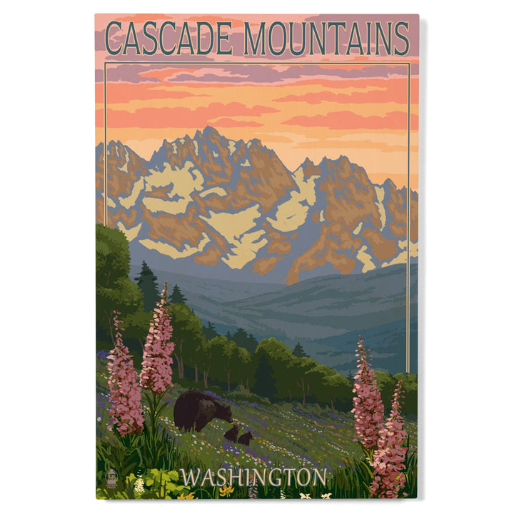 Cascade Mountains, Washington, Bears & Spring Flowers, Lantern Press Artwork, Wood Signs and Postcards Wood Lantern Press 