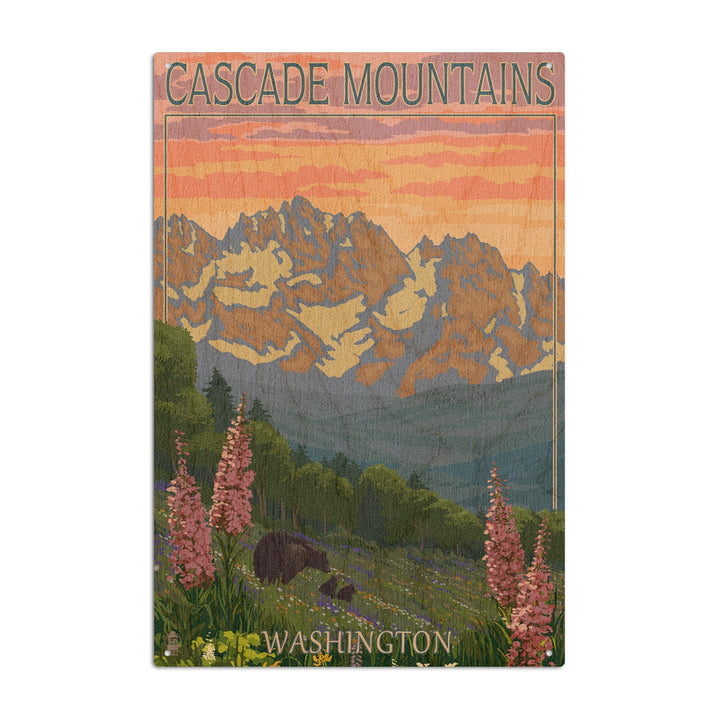 Cascade Mountains, Washington, Bears & Spring Flowers, Lantern Press Artwork, Wood Signs and Postcards Wood Lantern Press 6x9 Wood Sign 