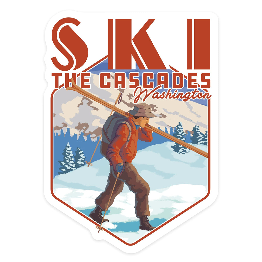 Cascades, Washington, Skier Carrying Skiis, Contour, Lantern Press Artwork, Vinyl Sticker - Lantern Press