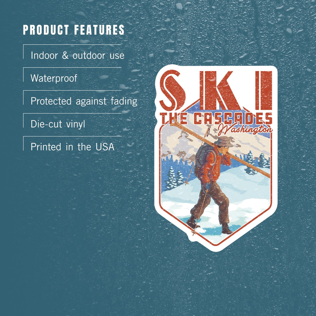 Cascades, Washington, Skier Carrying Skiis, Contour, Lantern Press Artwork, Vinyl Sticker - Lantern Press