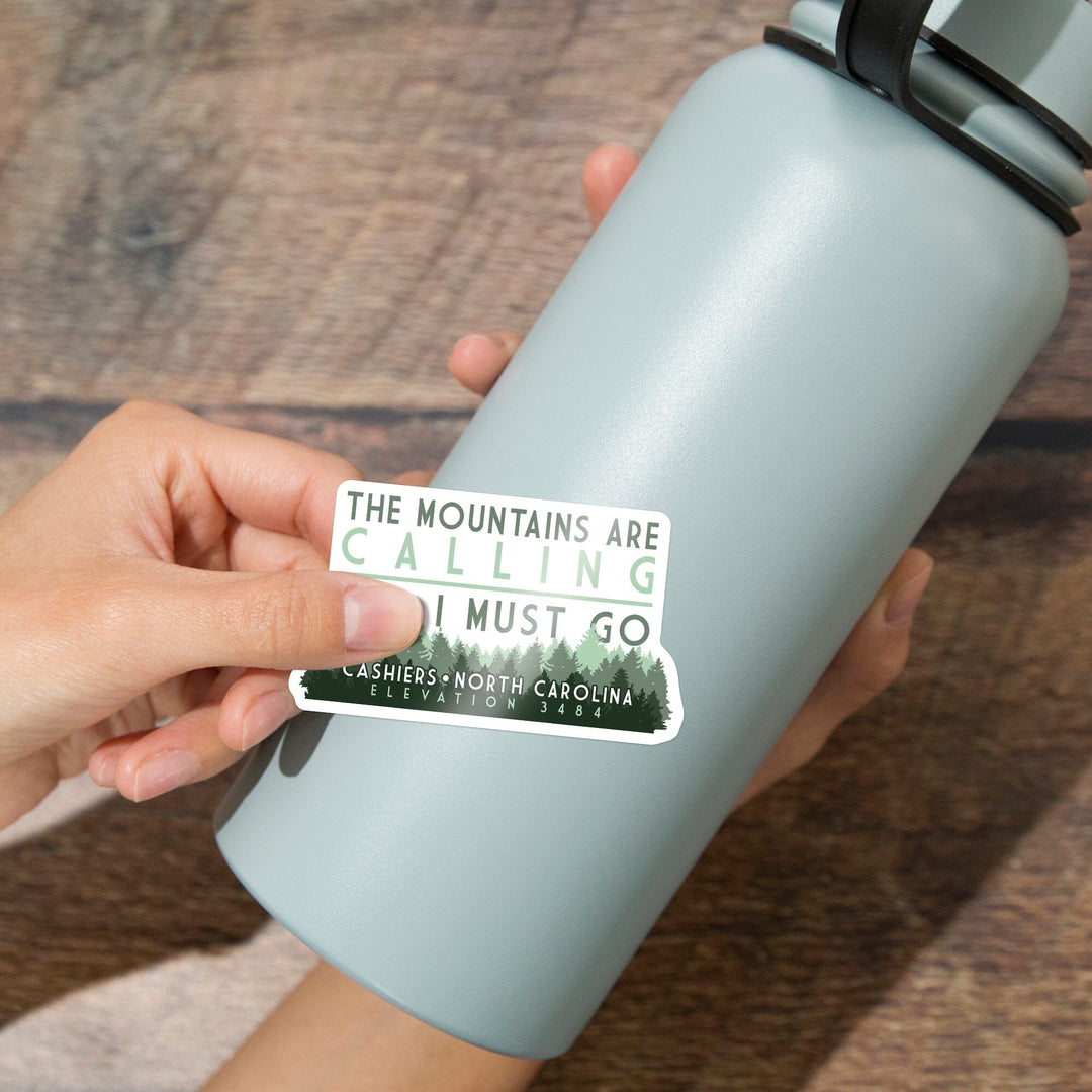 Cashiers, North Carolina, The Mountains are Calling, Pine Trees, Contour, Vinyl Sticker Sticker Lantern Press 