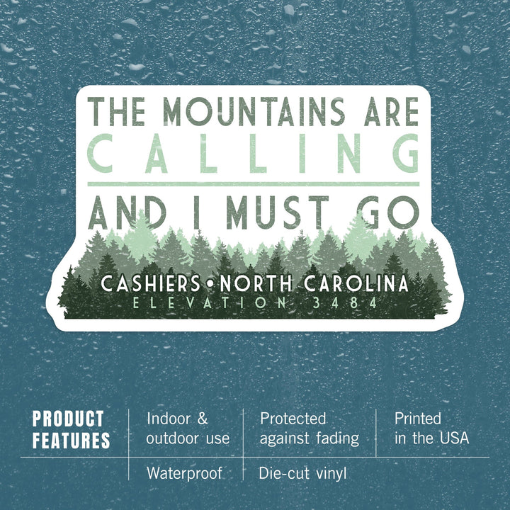 Cashiers, North Carolina, The Mountains are Calling, Pine Trees, Contour, Vinyl Sticker Sticker Lantern Press 