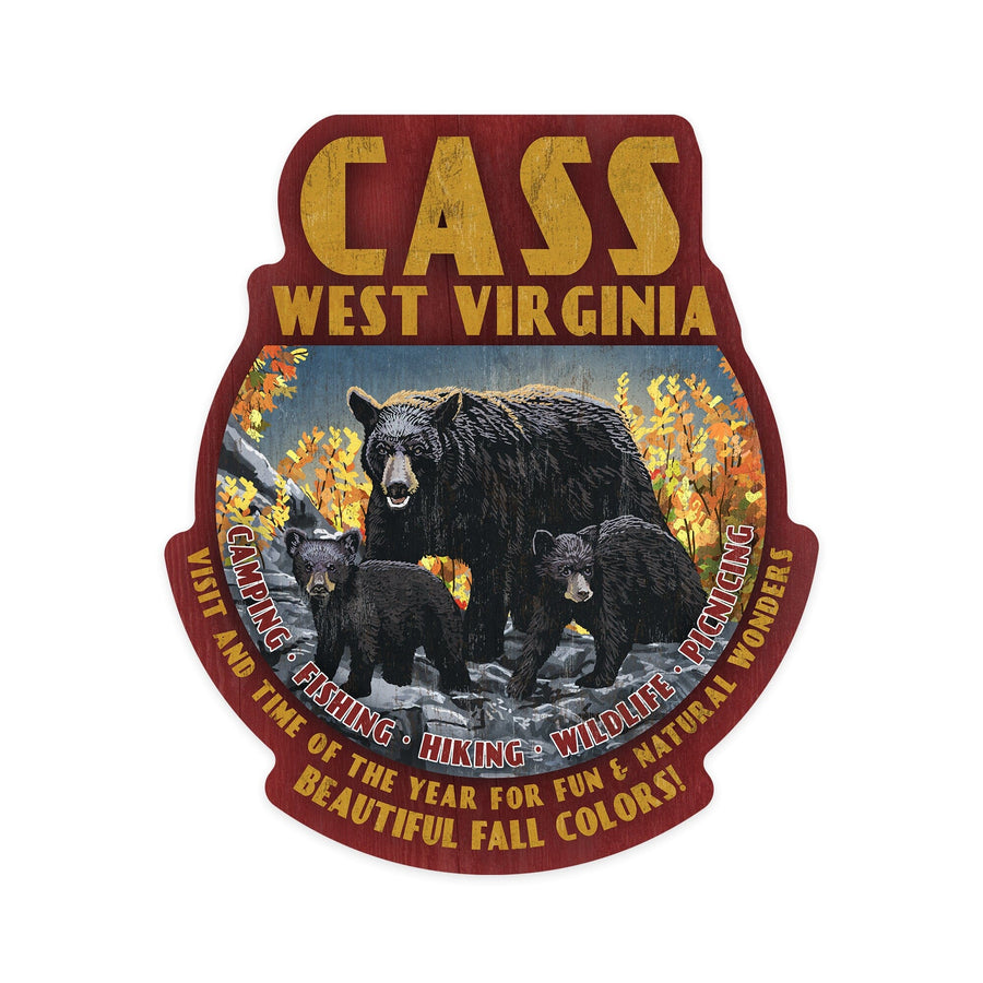 Cass, West Virginia, Black Bear Family, Vintage Sign, Contour, Lantern Press Artwork, Vinyl Sticker Sticker Lantern Press 